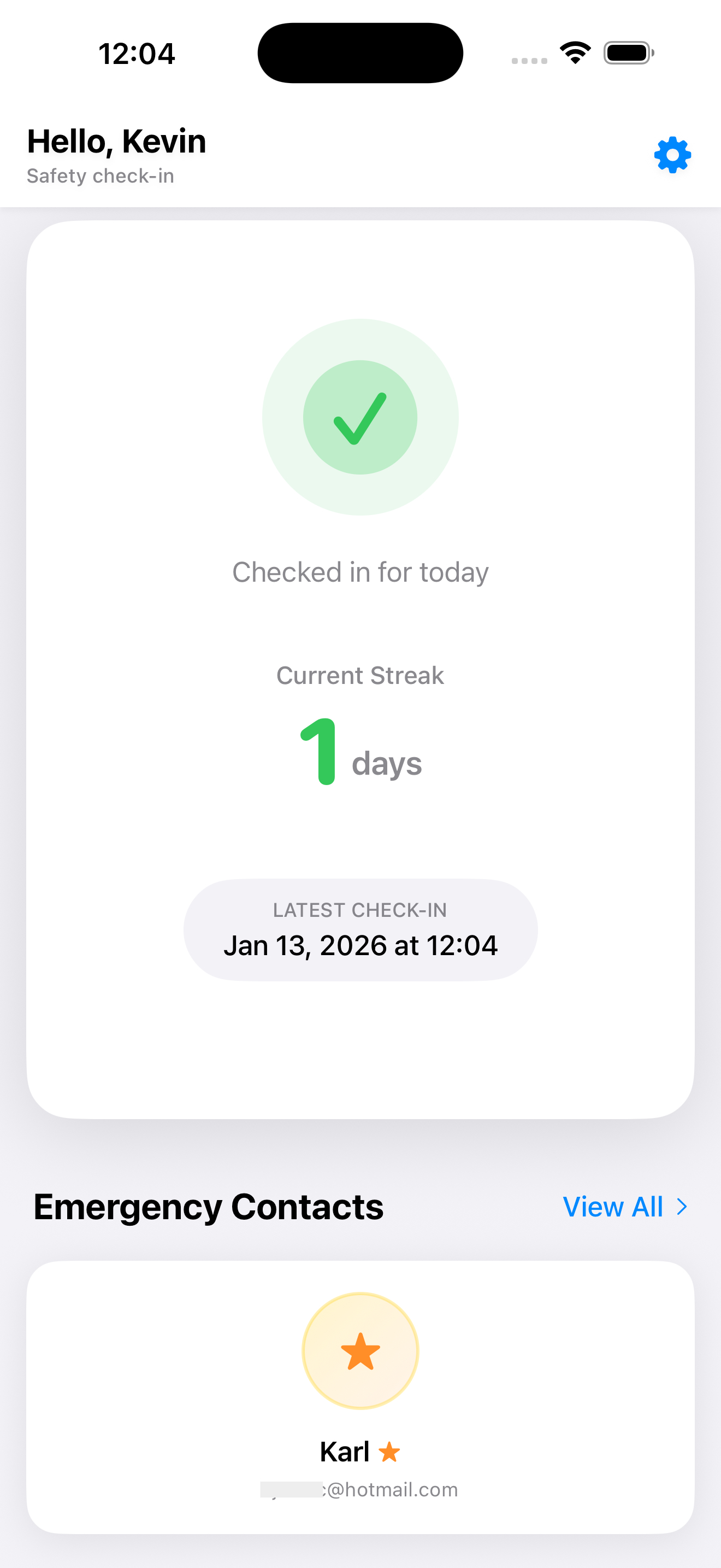 AreYouOK main checked-in interface showing daily check-in button and streak counter