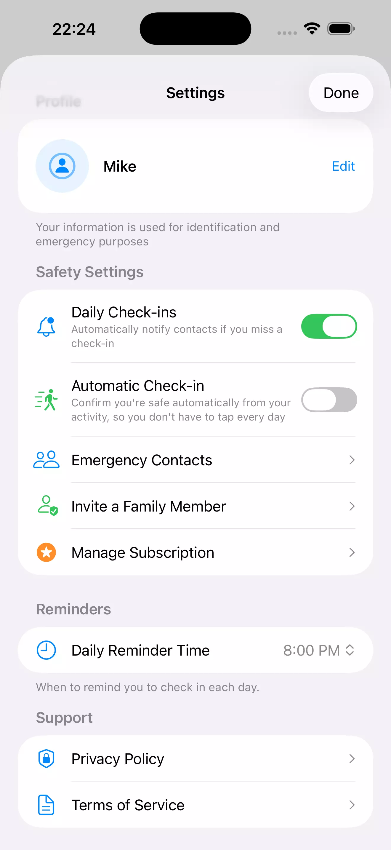 Settings — daily check-ins, automatic check-in, reminders